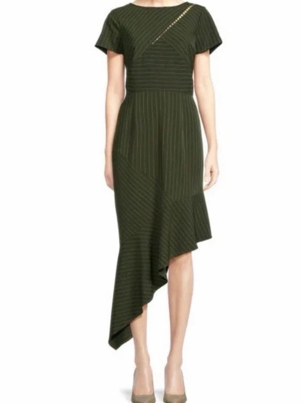 NWT Focus By Shani Pinstripe Asymmetrical Ruffle Hem Dress In Olive New Size 8